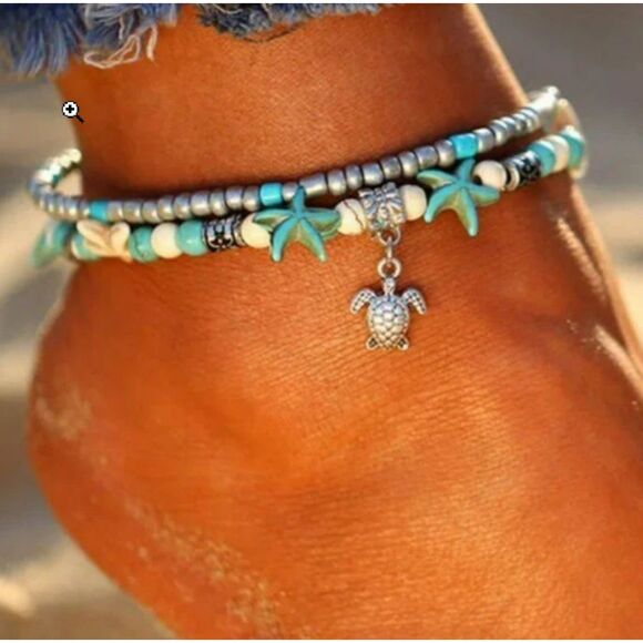 Unbranded Jewelry - NEW By the Sea Double Ankle Bracelet Starfish Turtle Turquoise Ivory Silver